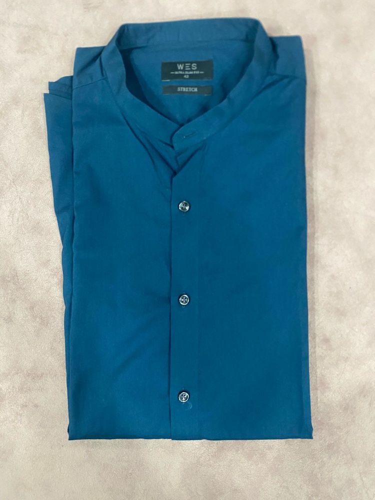 Stylish Blue Mandarin Collar Shirt