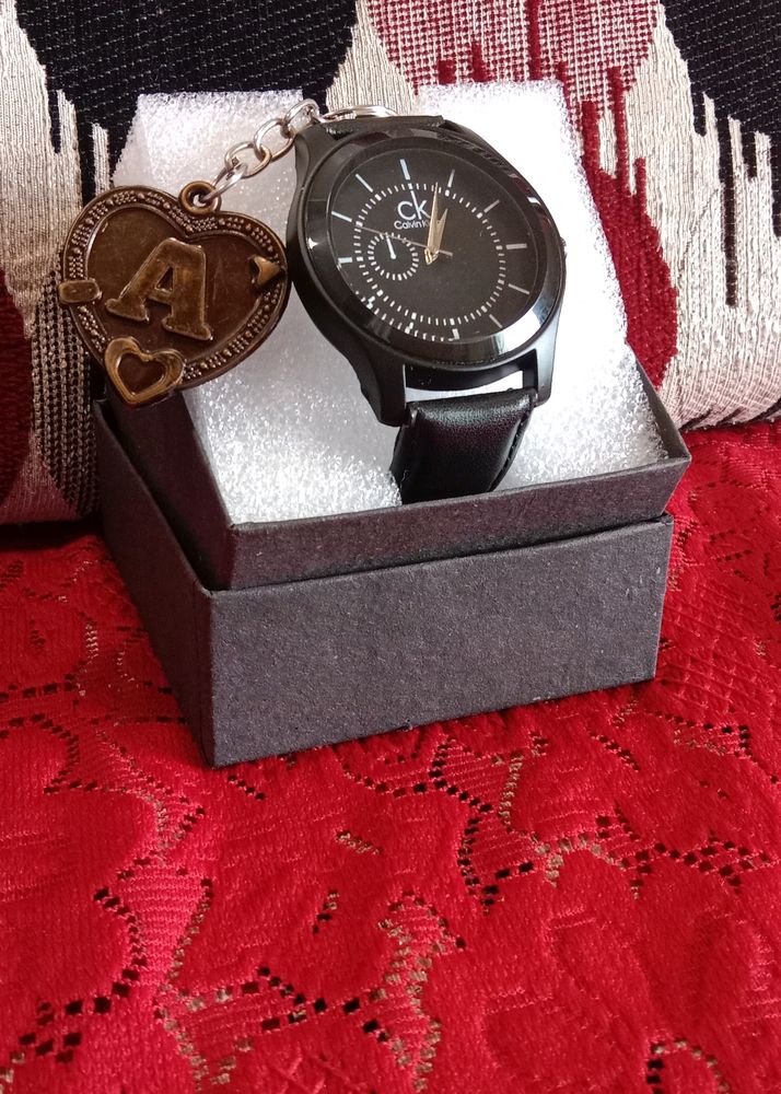 A New Cool and Trendy CK Black Wrist Watch For Men With Letter A Key Chain Free With Box Packing,For Causal Outfit and a Comfortable Watch.