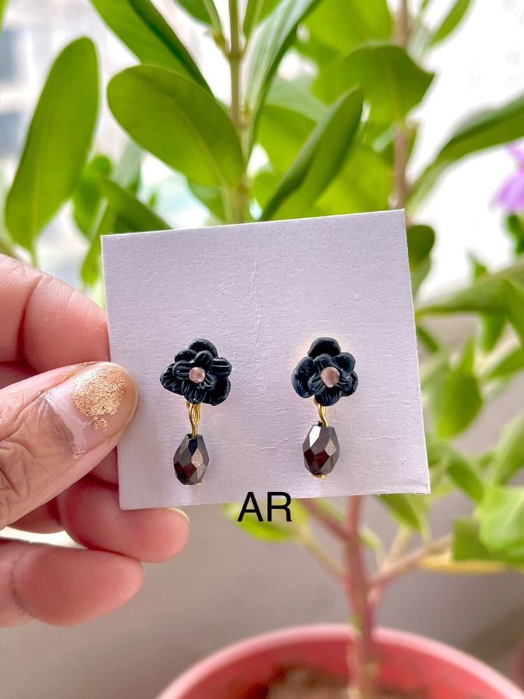 Black Stud With Stone Drop Earring