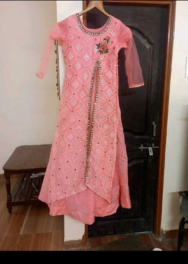 Elegant Pink Embroidered sequence long frok