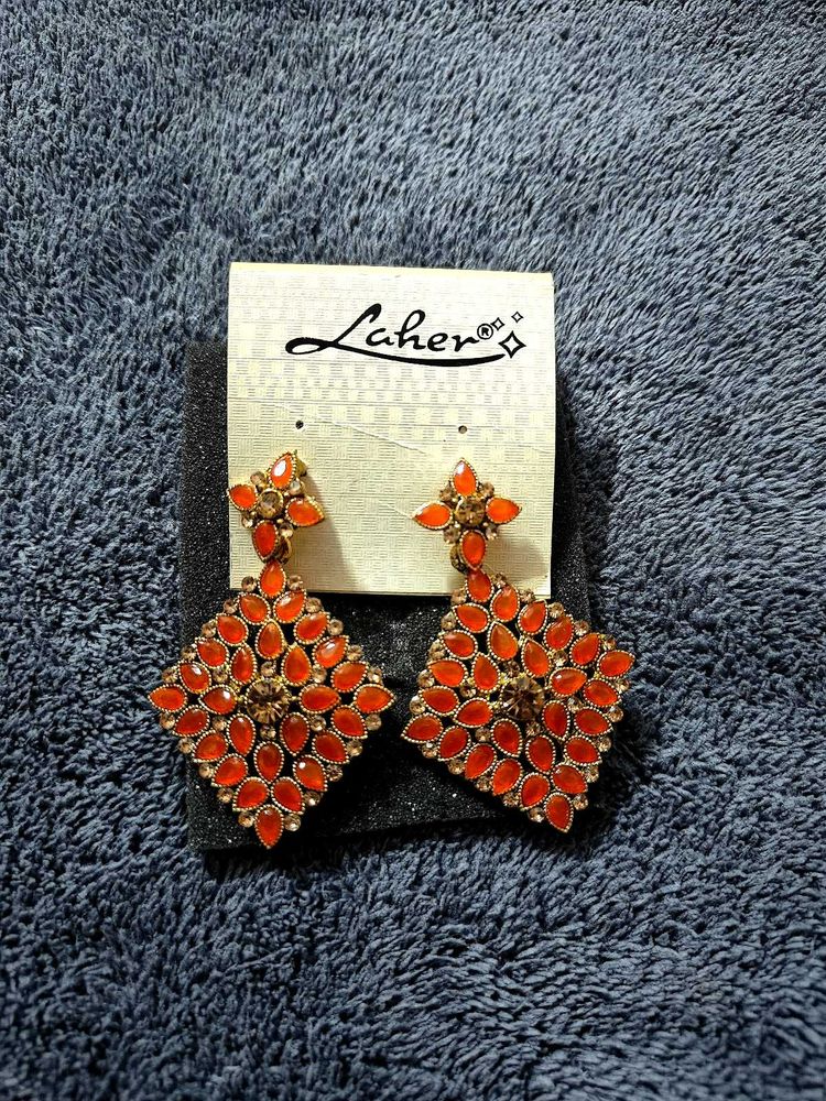 Orange Stone Diamond-Shaped Earrings