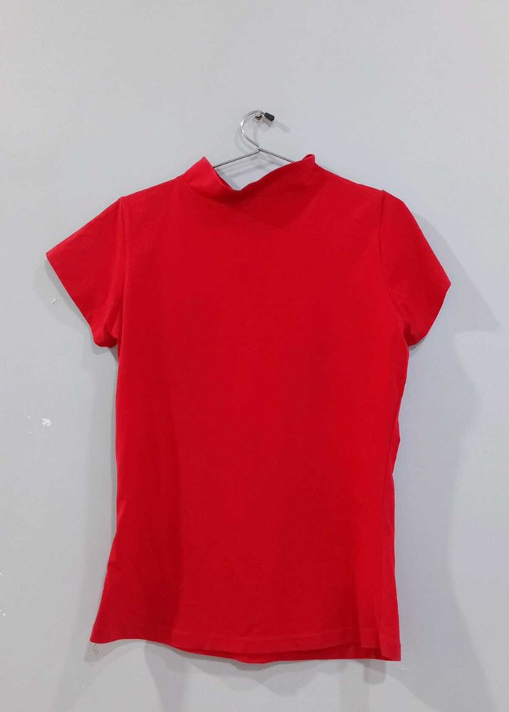 Bold Red Solid Mock Neck Fitted T-Shirt