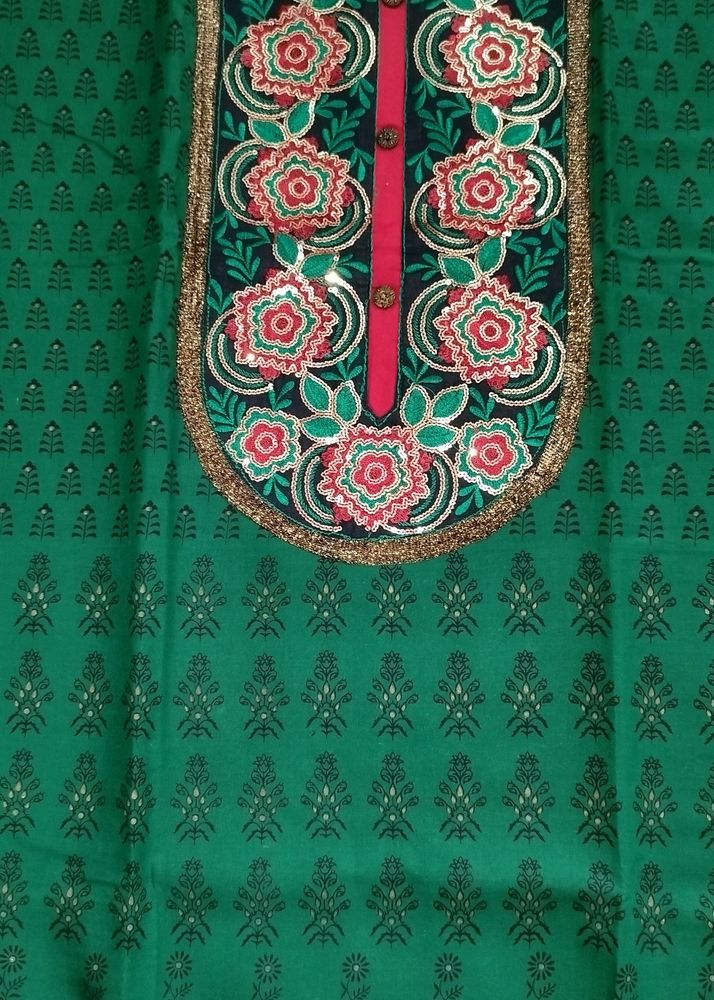 Unstitched Cotton Suit Set With Chiffon Dupatta