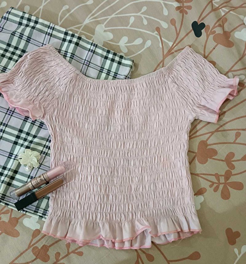 Pink Smocked Off-Shoulder Crop Top with Ruffle