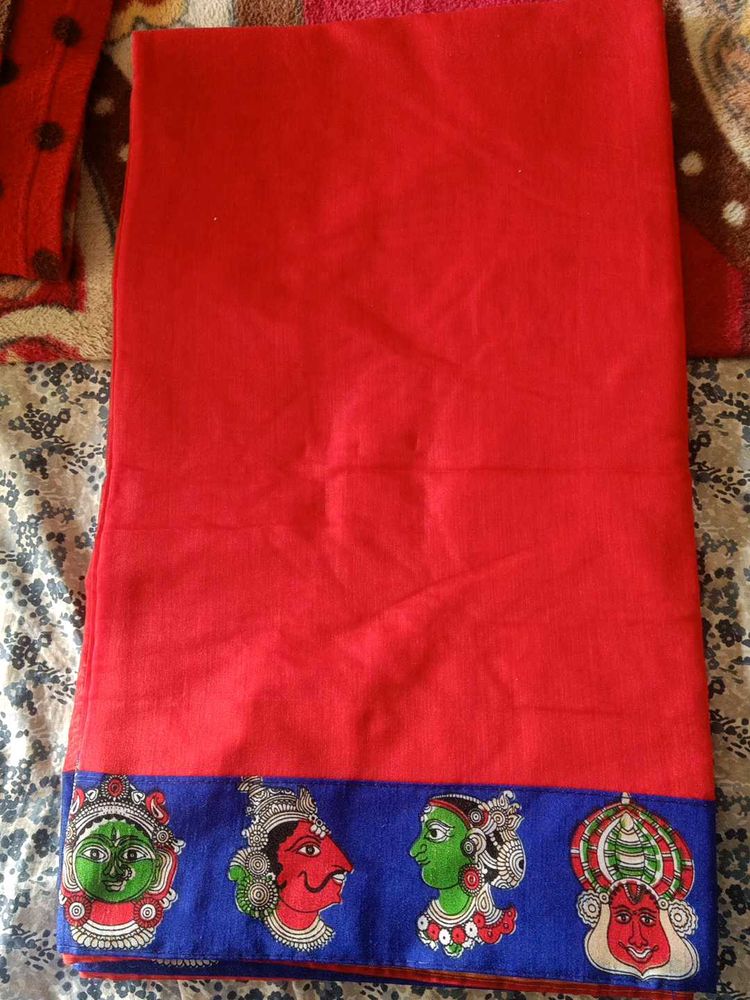 Red Color Cotton Saree With Blue Blouse