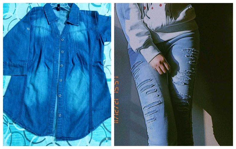 Denim Shirt +denim Ripped jeans