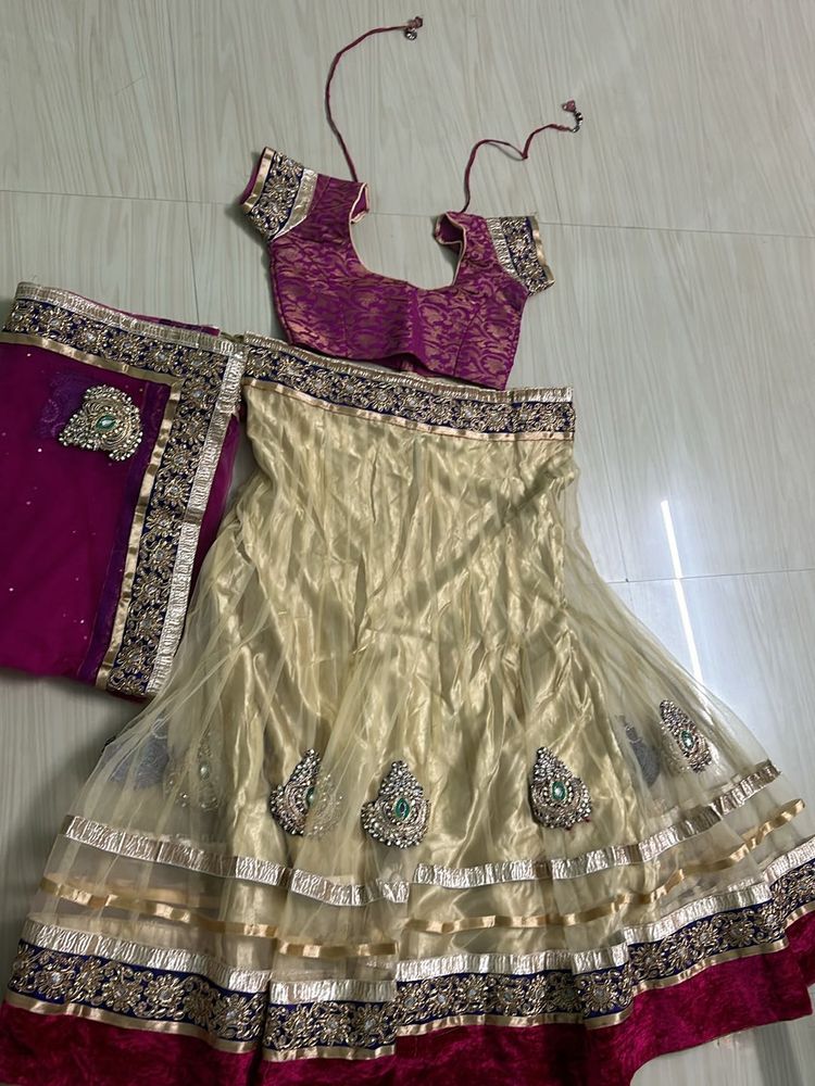 Dark Rose Odhni With Golden Lehanga