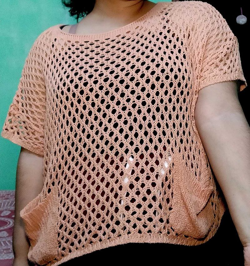 Crochet Peach Top And Bracelet.