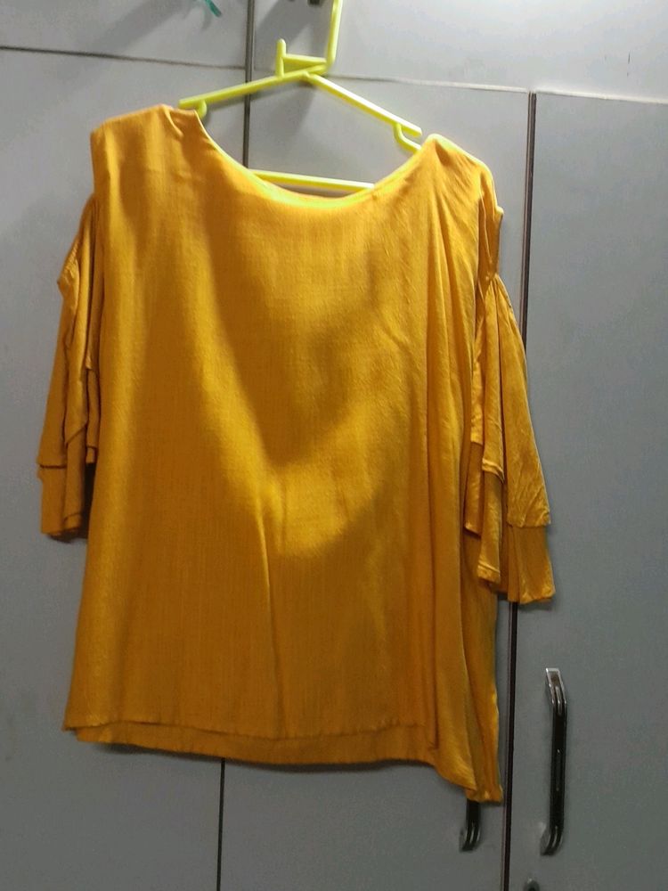 Yellow Cold Shoulder Cotton Top For Women (42/XXL)