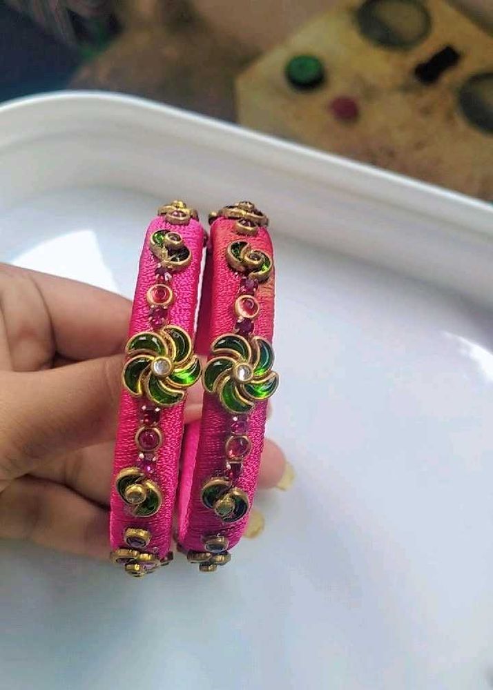 Pink &amp; Green Silk Thread Bangles