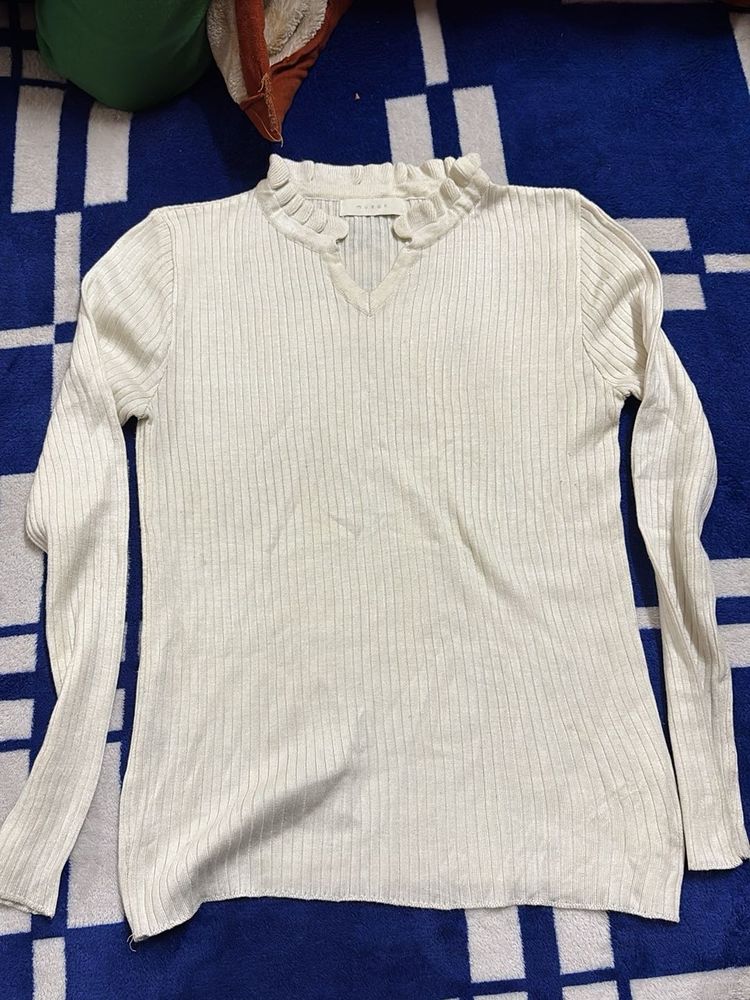 Ribbed Knit Top with Ruffle Neck