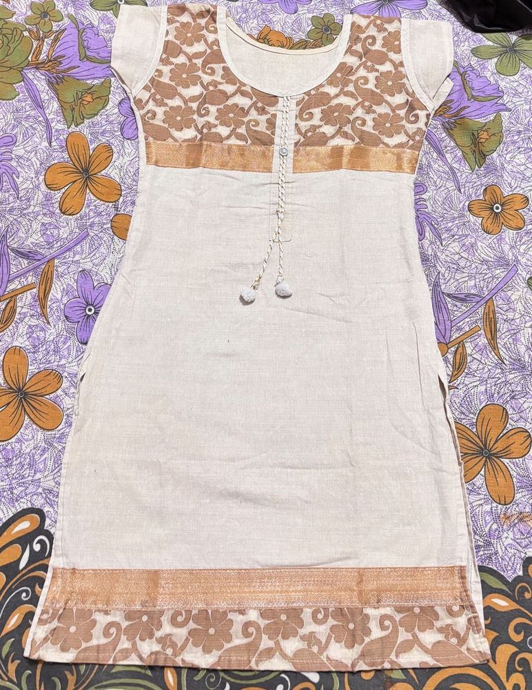 Beige White And Gold Cotton Kurti