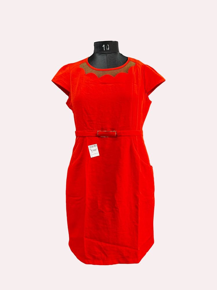 Red belted dress with scalloped neckline