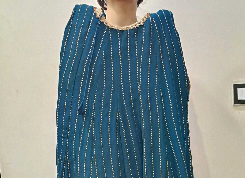 Teal &amp; Gold Embellished Gown Peacock Blue