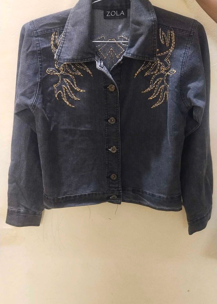 CHARCOAL WOMEN DENIM WITH FLAMES EMBROIDERY