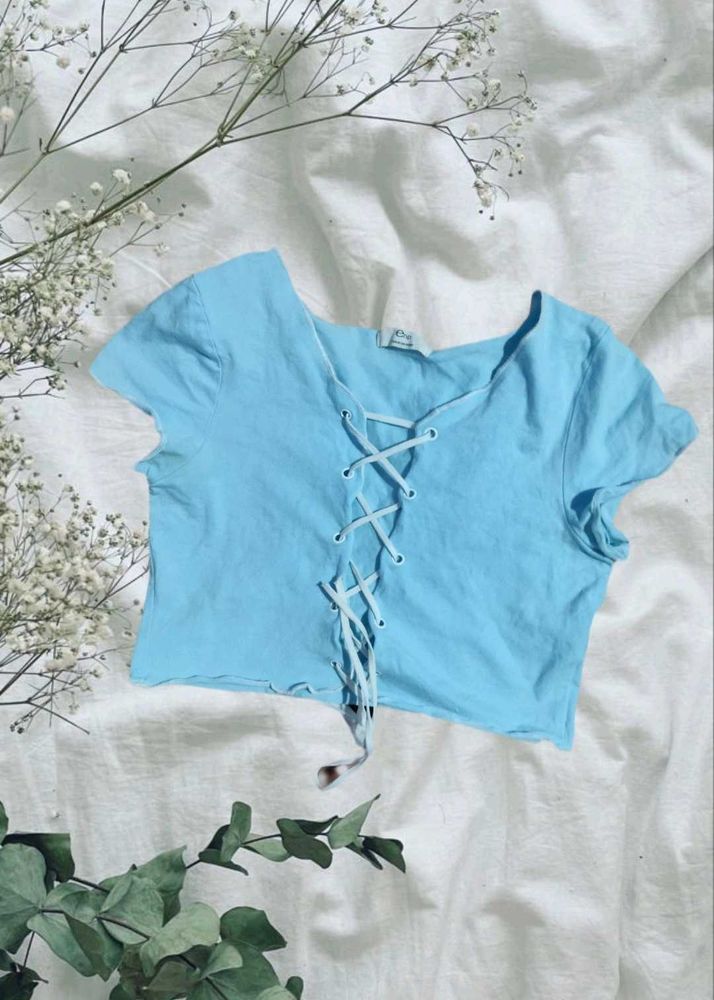 Light blue short Sleeved crop top (lace-up Front)