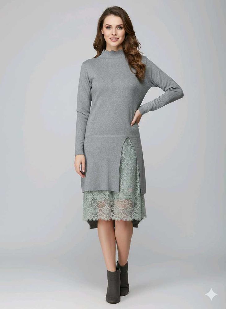 winter frendely Grey Dress with Lace Detail