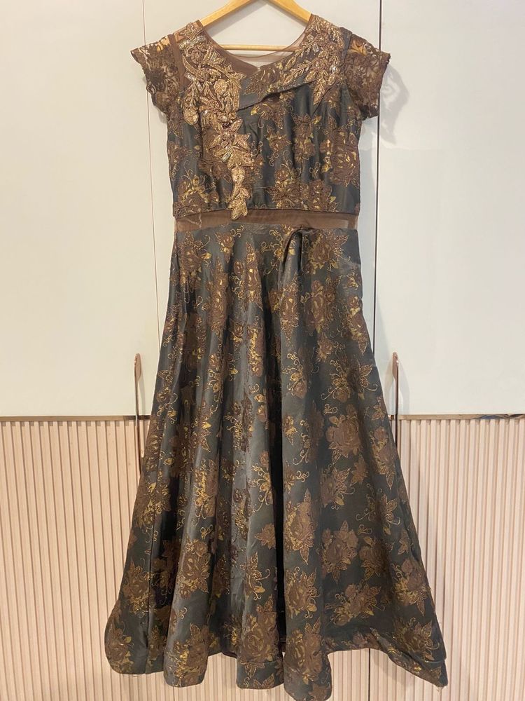Women’s Ethnic Brown Gown With Patchwork On Front