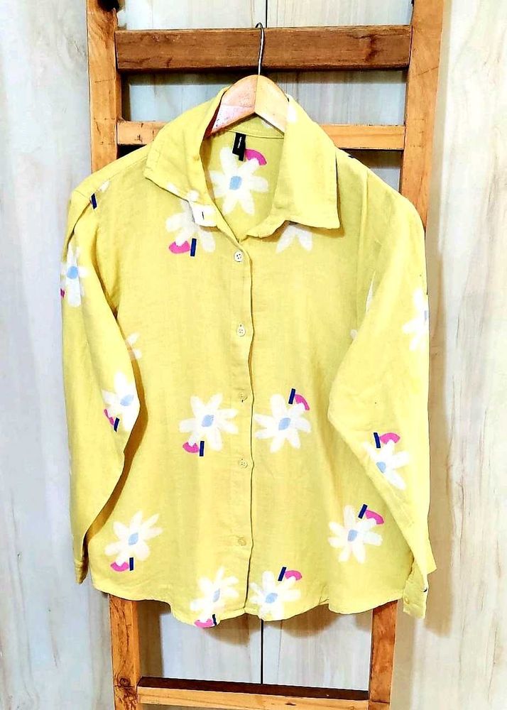 Light Yellow Cotton Printed Shirt Size-40