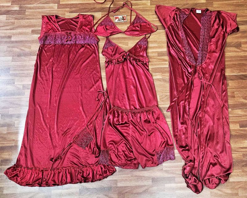 6 Piece Maroon Lingerie Set