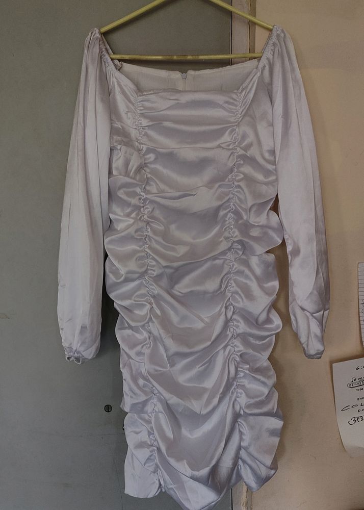 White Satin Smocked Bodycon Dress. Western Outfit/Party Wear.