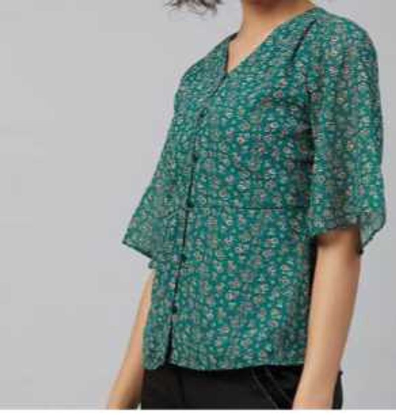 Green Floral Printed Flutter Sleeves Georgette Top