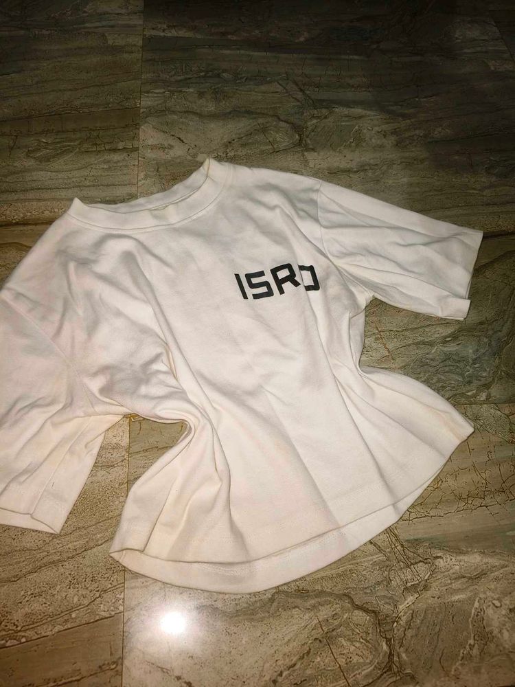 White ISRO/Rocket Printed Oversized T Shirt