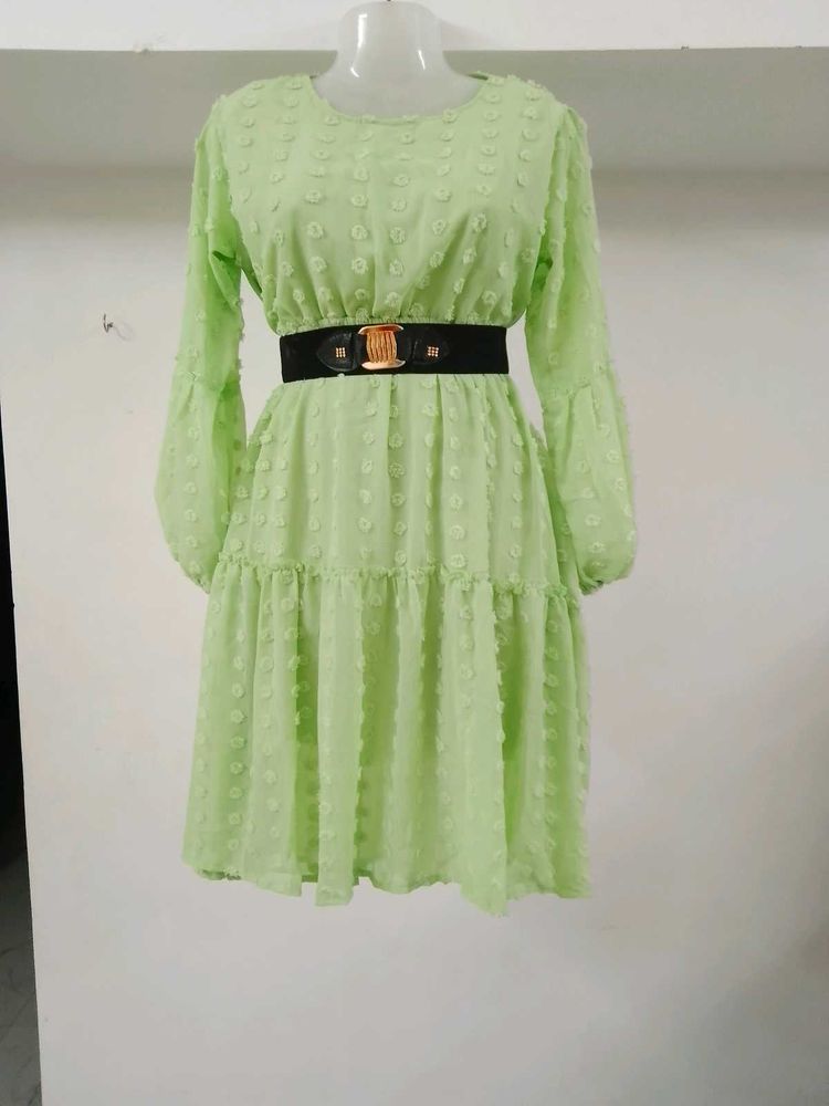 Lime Green Tiered Mini Dress with Belt