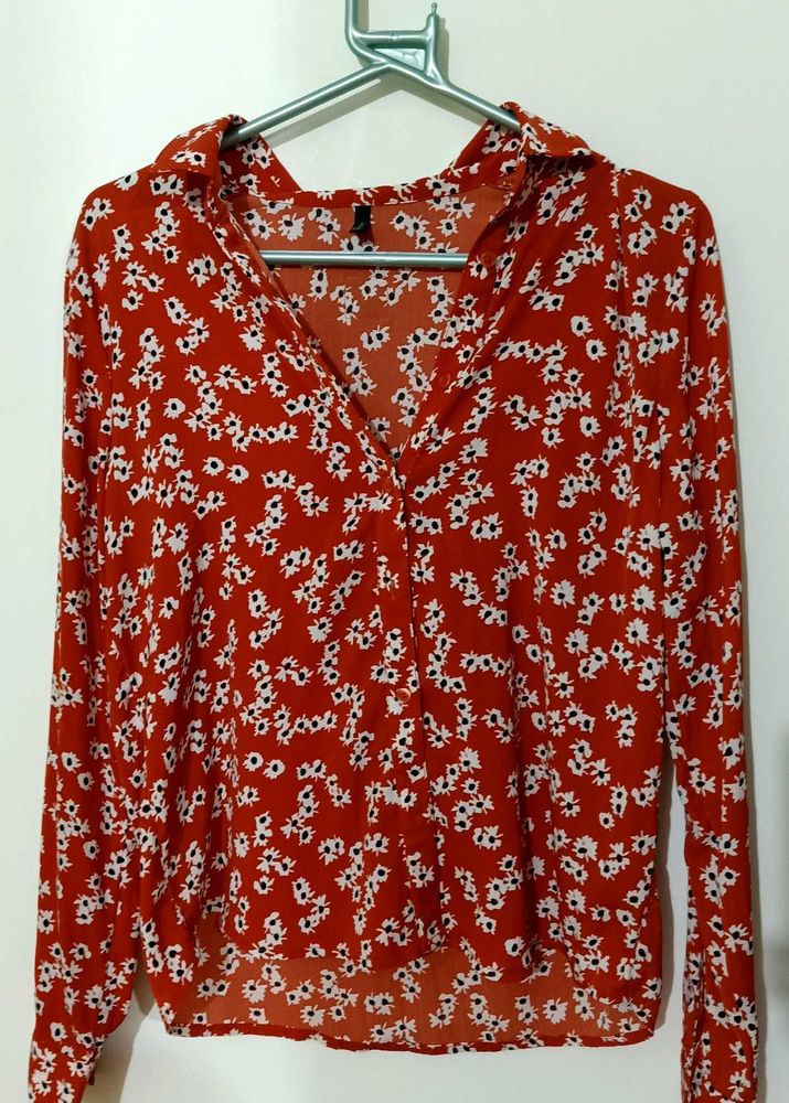 Rust Red Floral Button Up Sheer Top