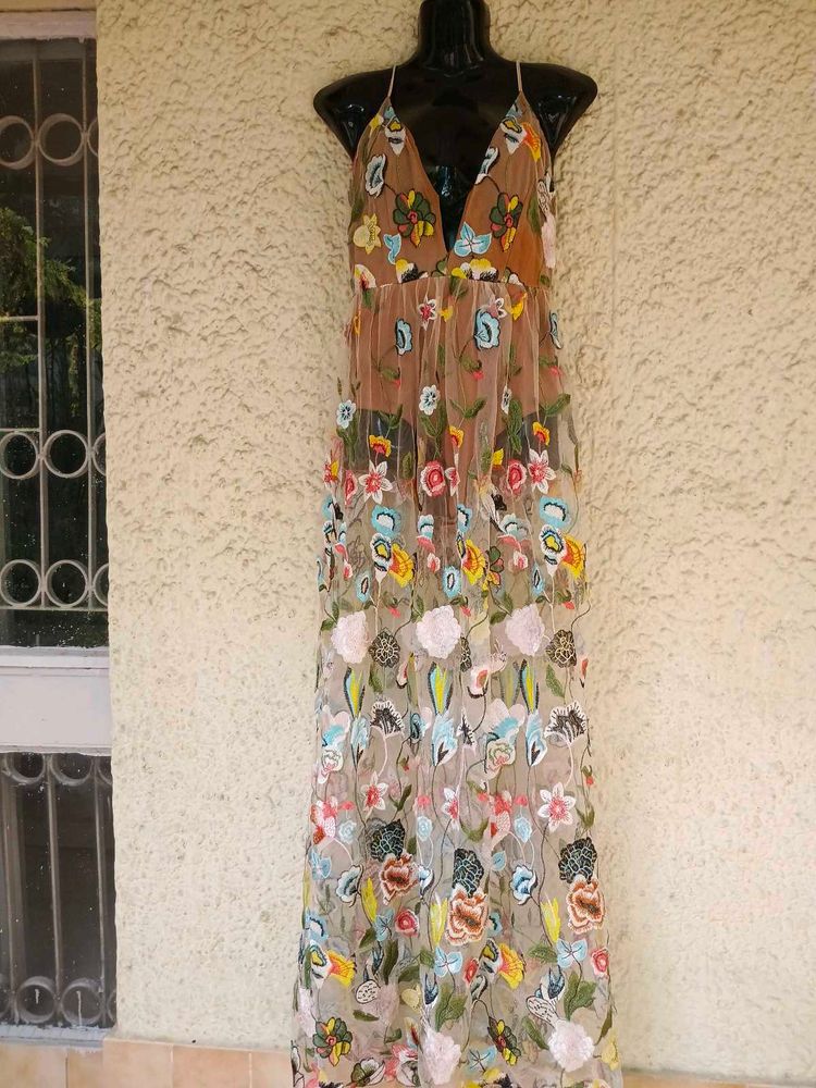 Floral Embroidered Net Maxi Dress with bodysuit