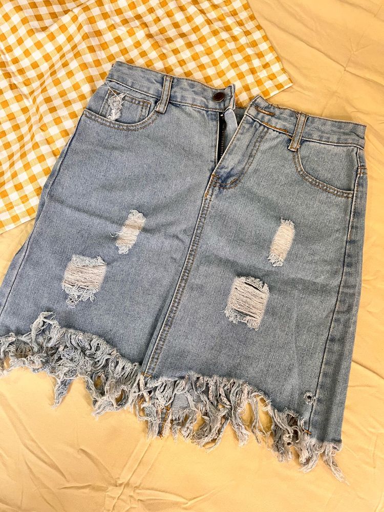 Distressed Denim Mini Skirt