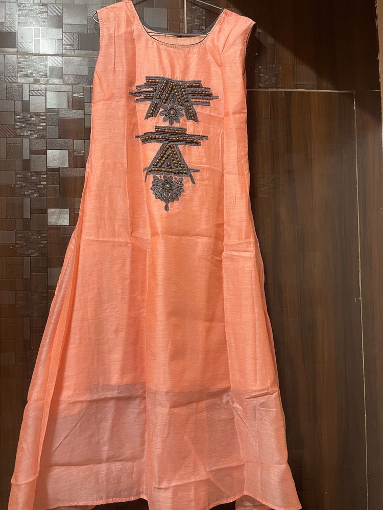 Peach Embroidered Sleeveless Dress