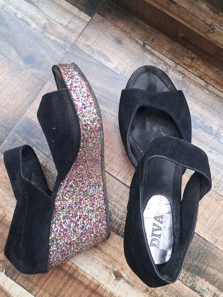 Pinterest Glitter Black Wedges Heels