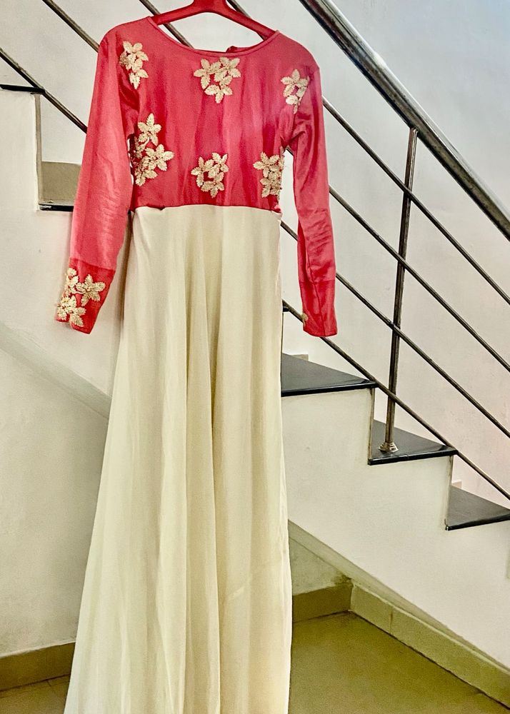 Elegant Pink &amp; Cream Embroidered Gown