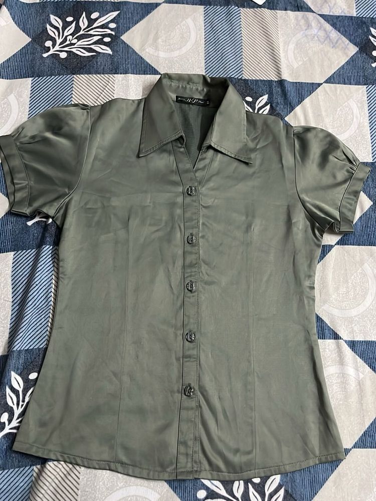 Green Button-Down Top Satin