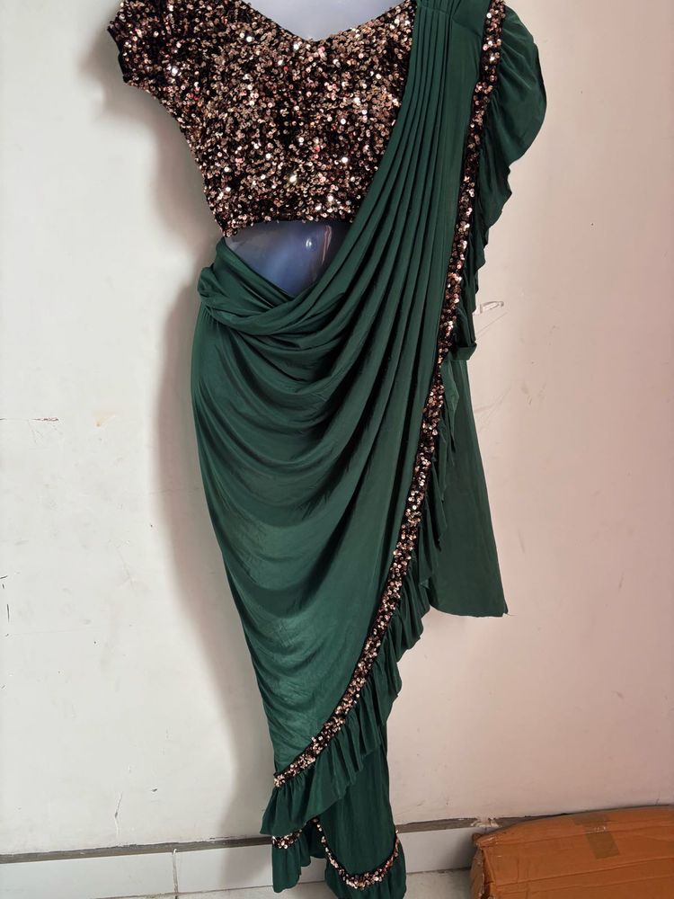 Emerald Green Sequin Sari Gown