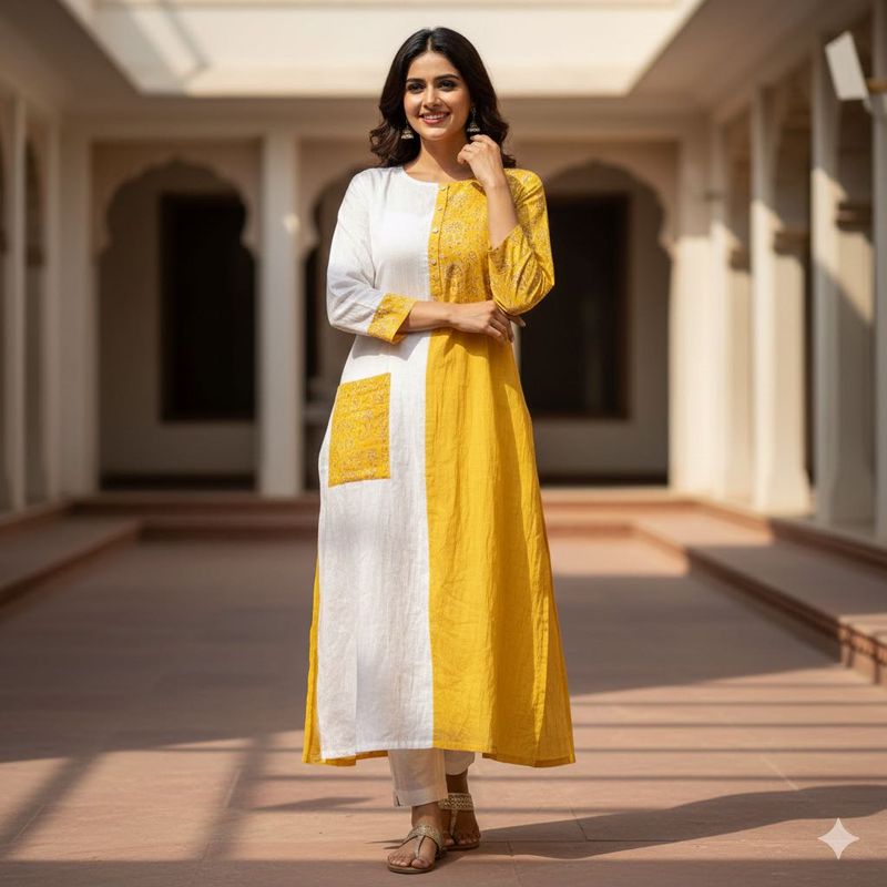 Elegant White &amp; Yellow Kurta