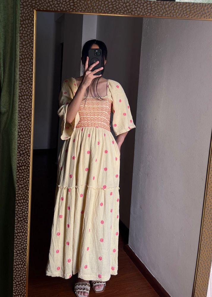 Yellow Embroidered Square neck Maxi Dress