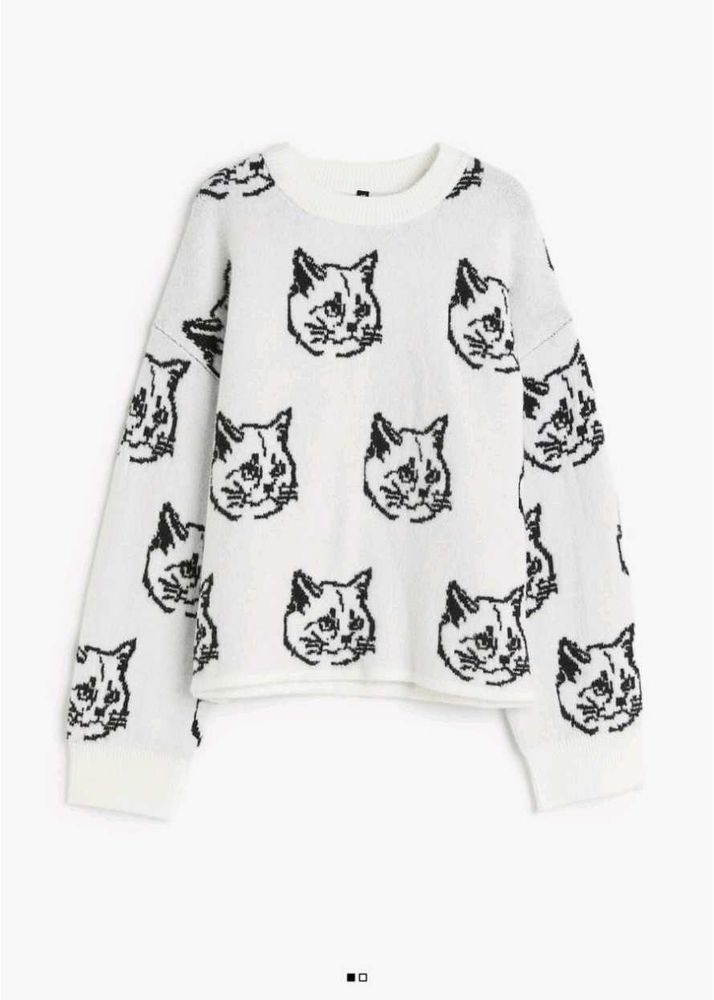 White Cat Print Sweater