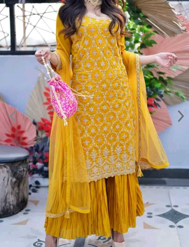 Embroidered Mustard Silk Blend Kurta Set