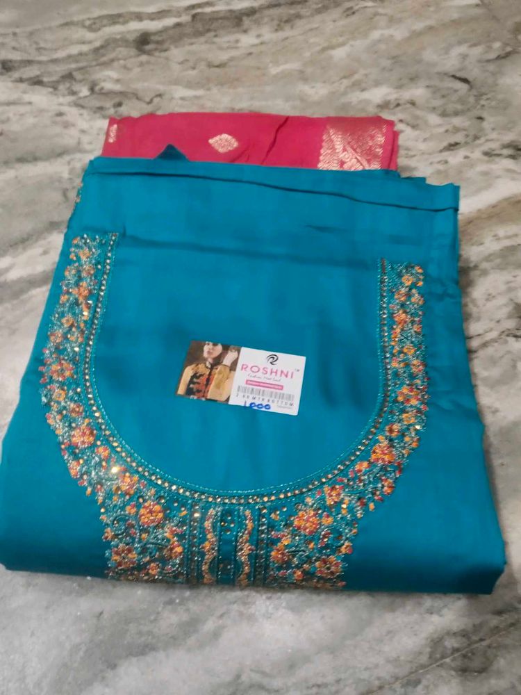 Teal Embroidered Dress Material
