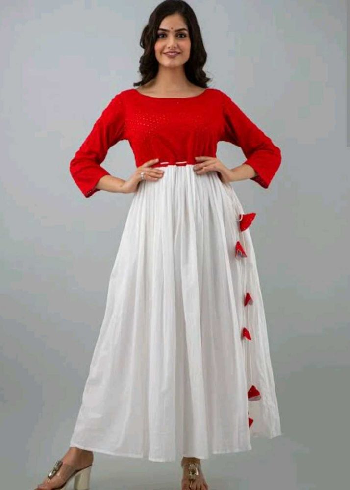 Women&#39;s Cotton Flared Red and white Dress