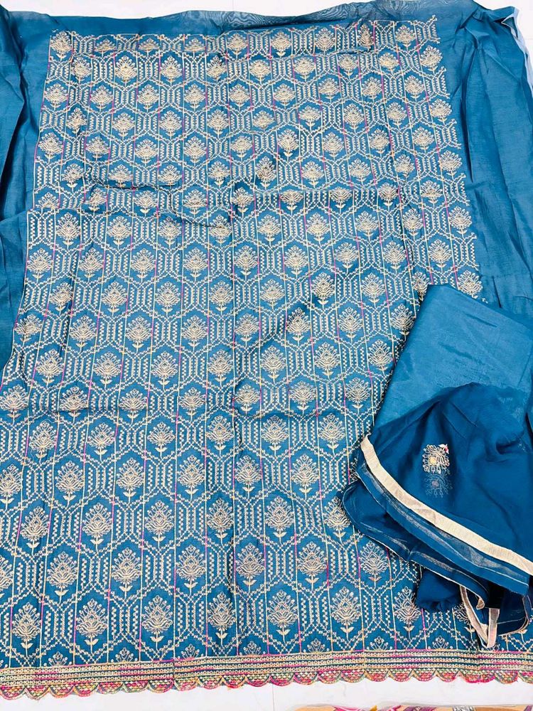 Teal Embroidered Salwar Suit Material