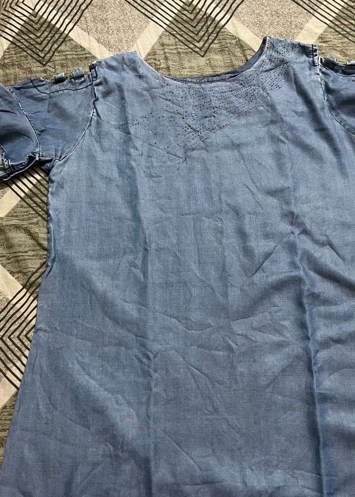 Denim tunic top with ruffle sleeves