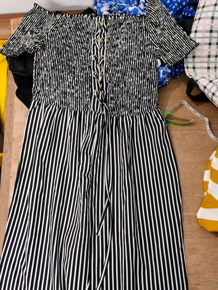 Striped Off-Shoulder Lace-Up Dress