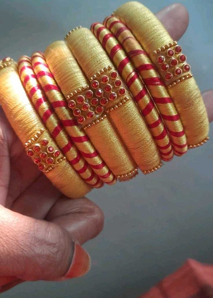 Elegant Yellow &amp; Red Thread Bangles