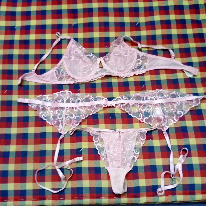 Pink Bra Panty Set With Garter