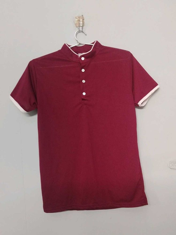 Burgundy Brown T Shirt With Four Button