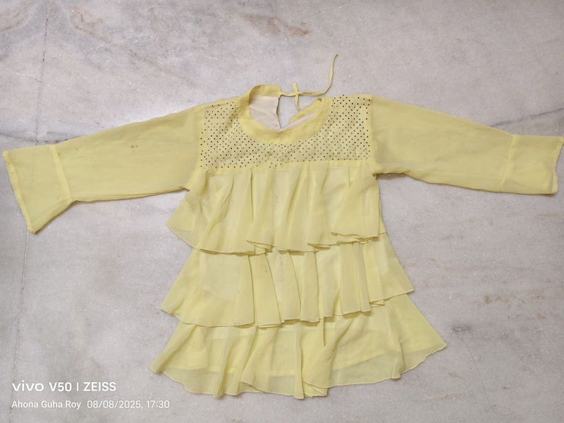 Elegant Yellow Tiered Dress with Embellished Neck