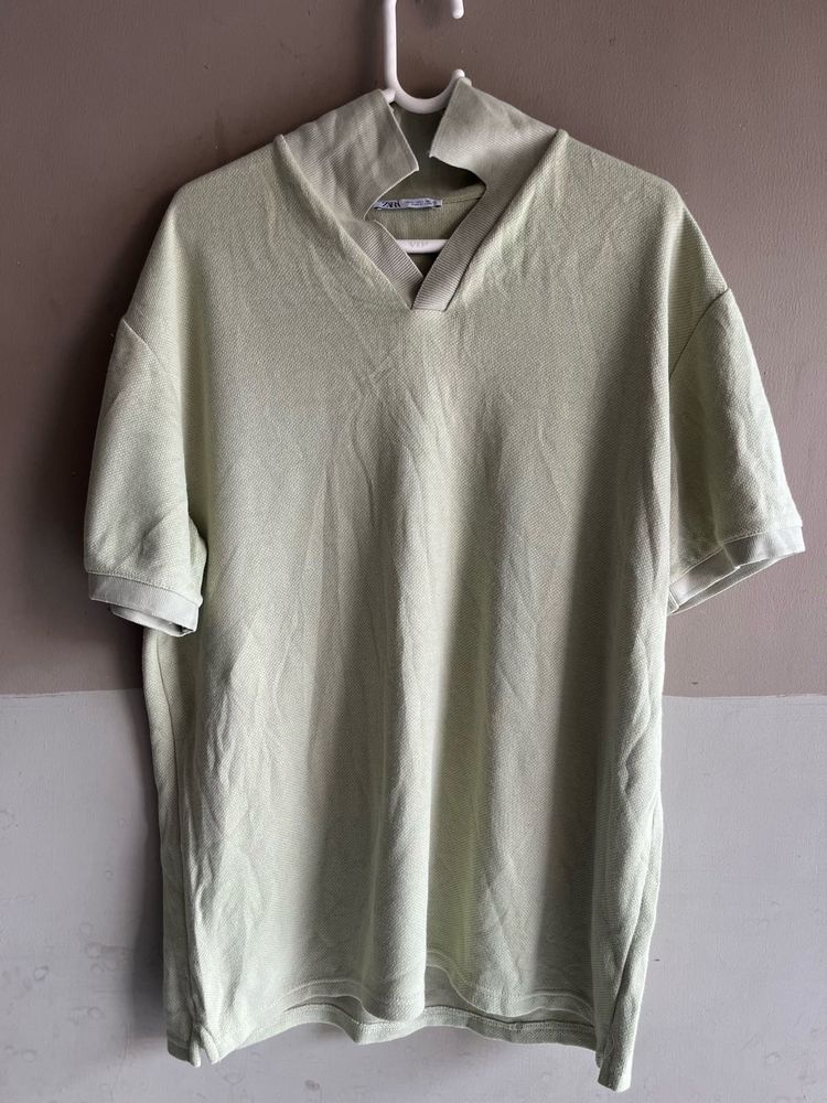 Zara Light Green V-Neck T-Shirt